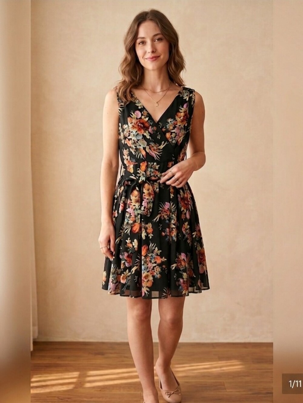 Lindy Bop Black Floral V-Neck Midi A-Line Pleated Flowy Zip Dress S Spring Fem
